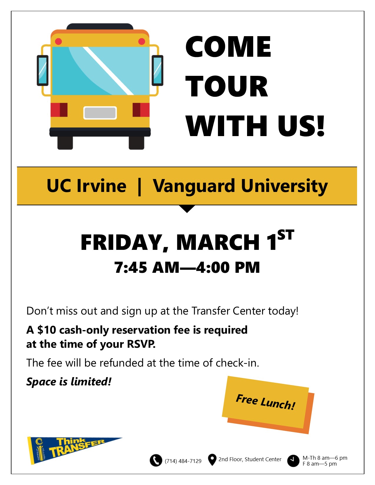UC Irvine & Vanguard University Bus Tour flyer
