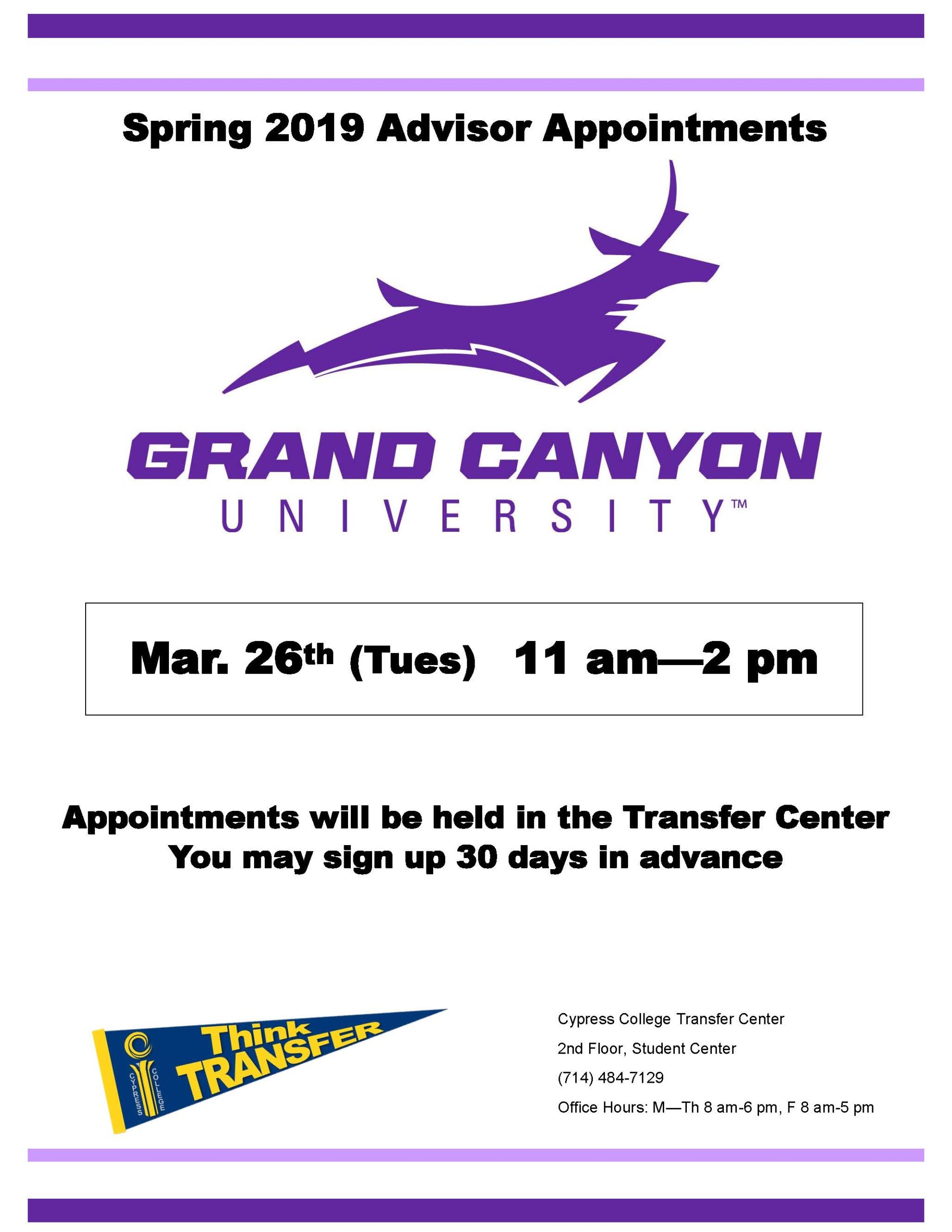 Spring 2019 Advisor Appointments Grand Canyon University flyer