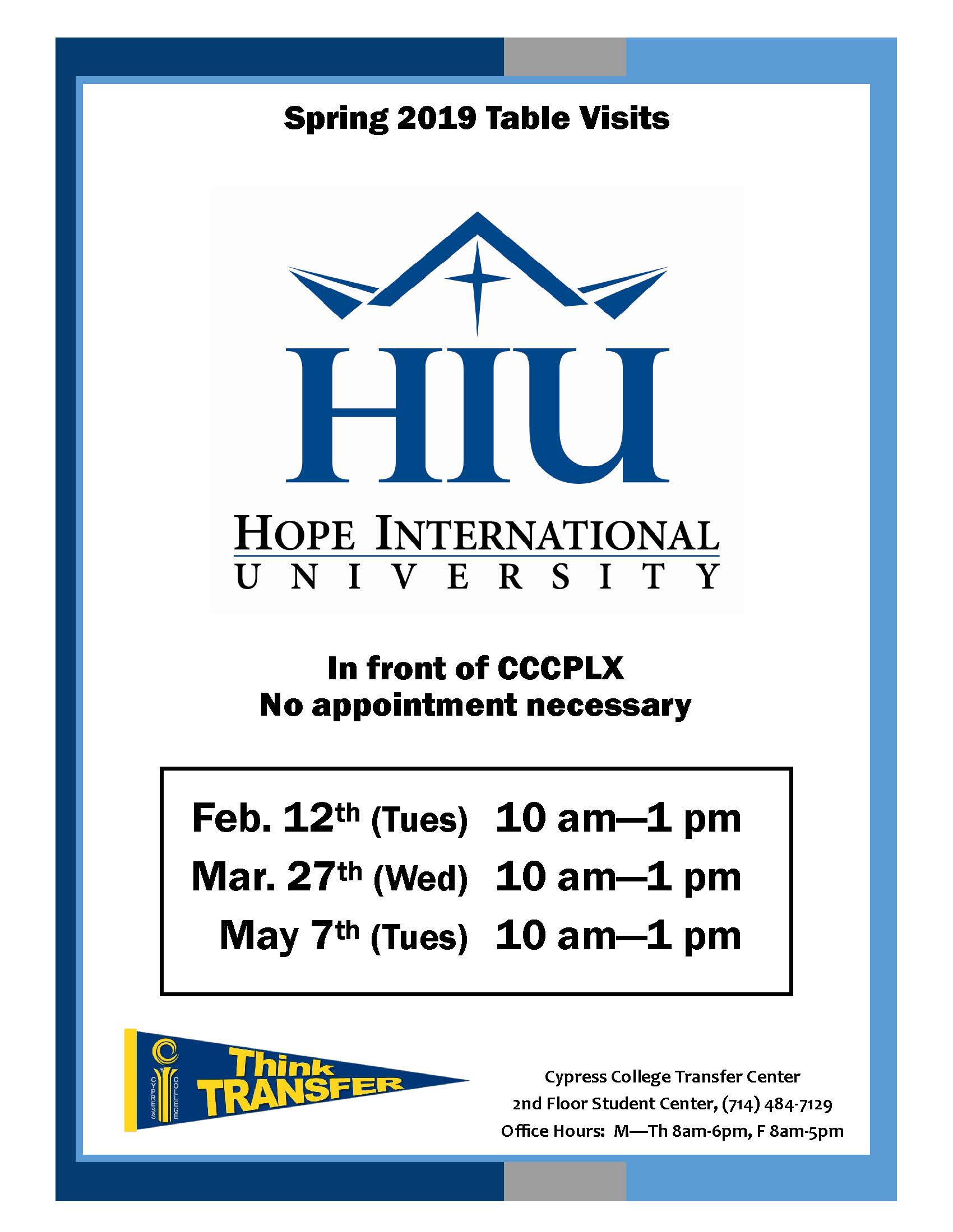 Spring 2019 Table Visits Hope International University flyer