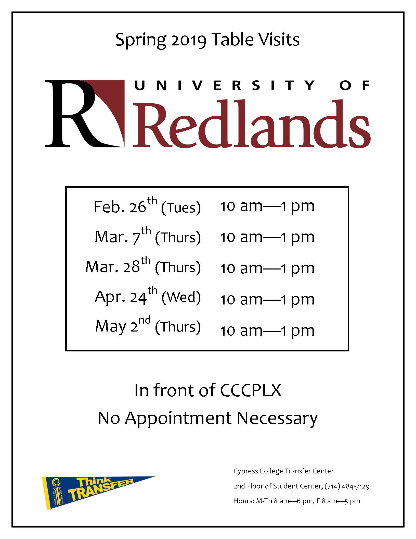 Spring 2019 Table Visits University of Redlands flyer