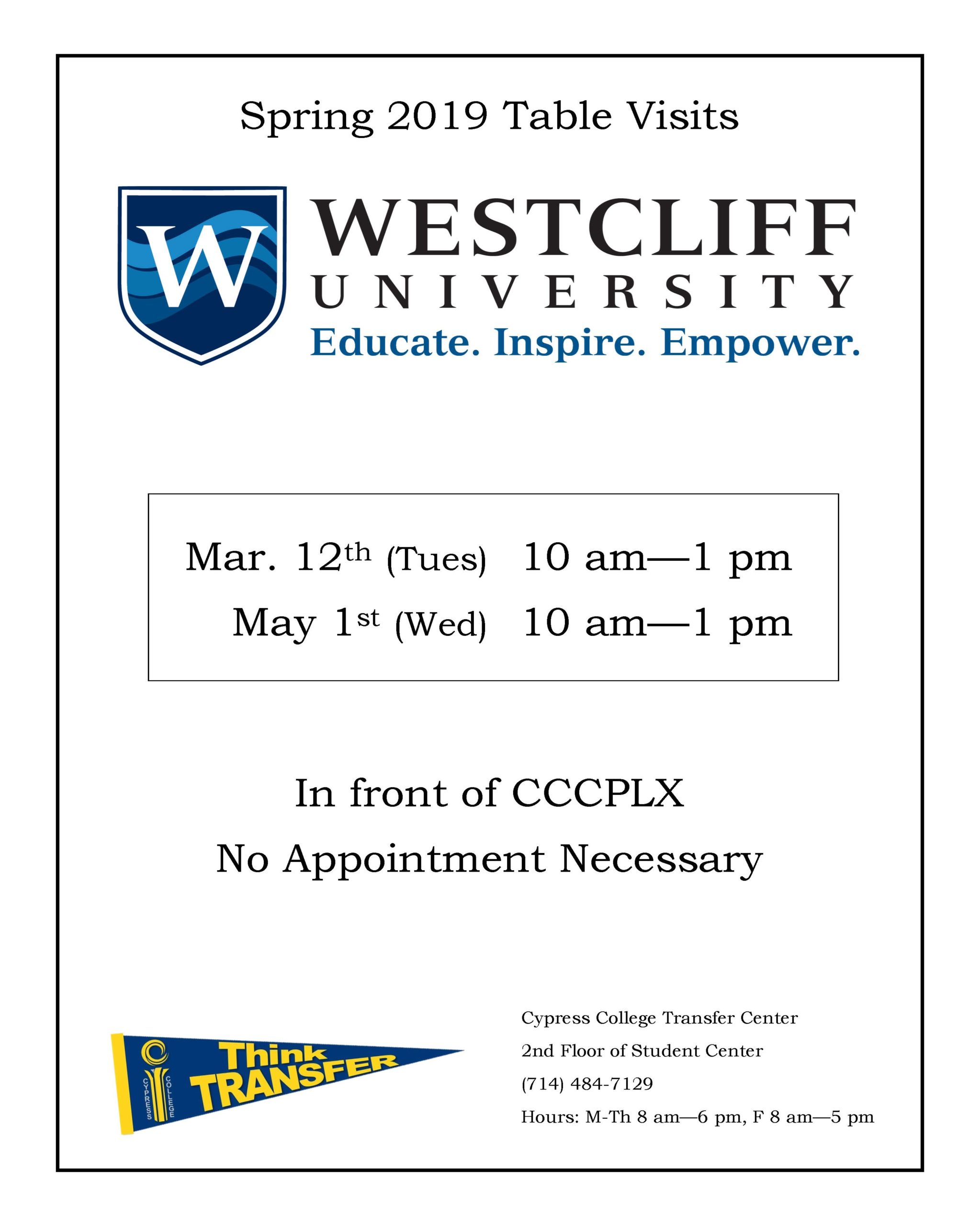 Spring 2019 Table Visits Westcliff University flyer