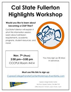 Cal State Fullerton Highlights Workshop flyer