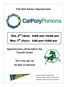 2019 Cal Poly Pomona advisor appointments dates and times
