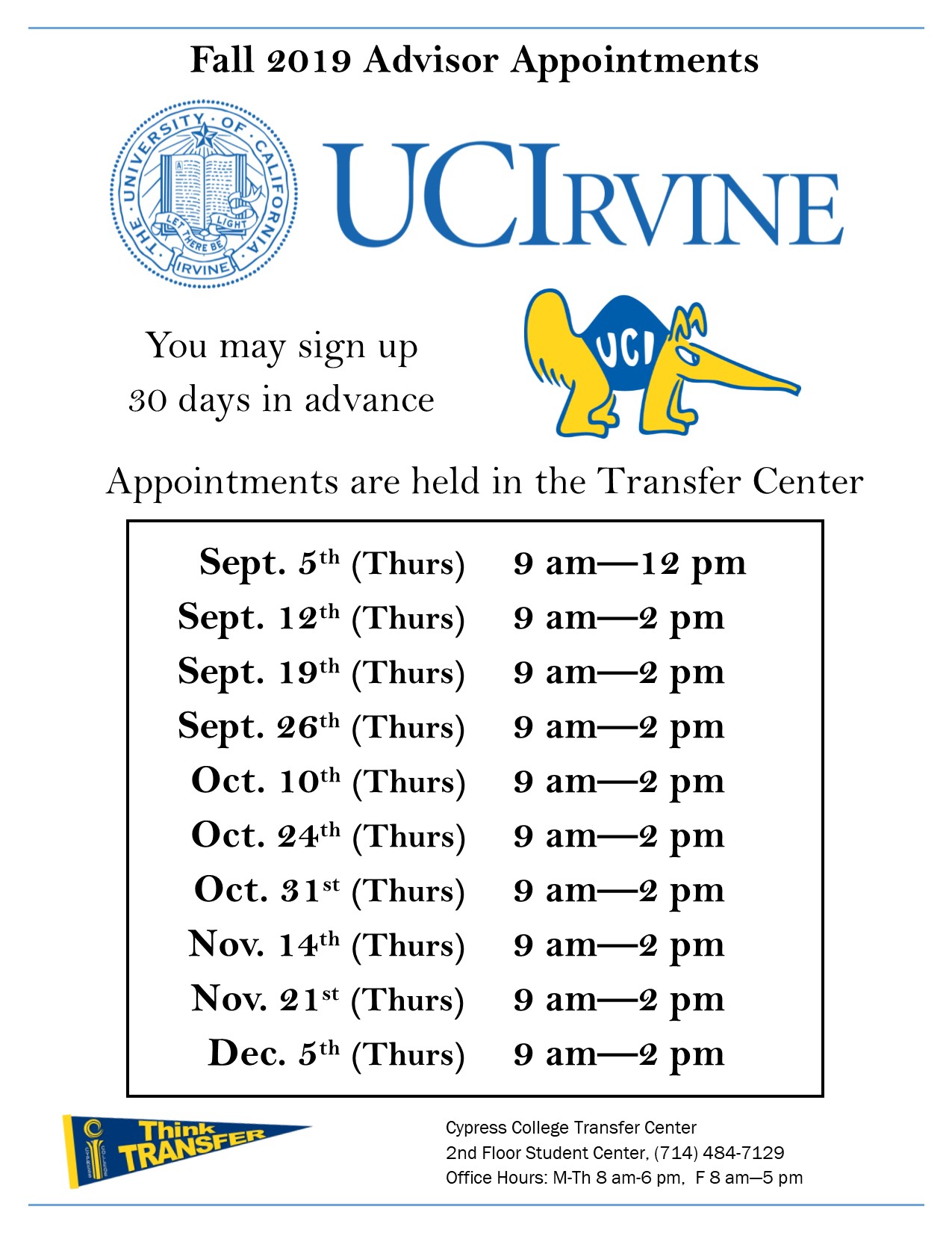 Transfer Center UCI advisor appointments dates and times