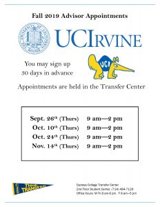 UC Irvine Fall 2019 Advisor Appointments flyer