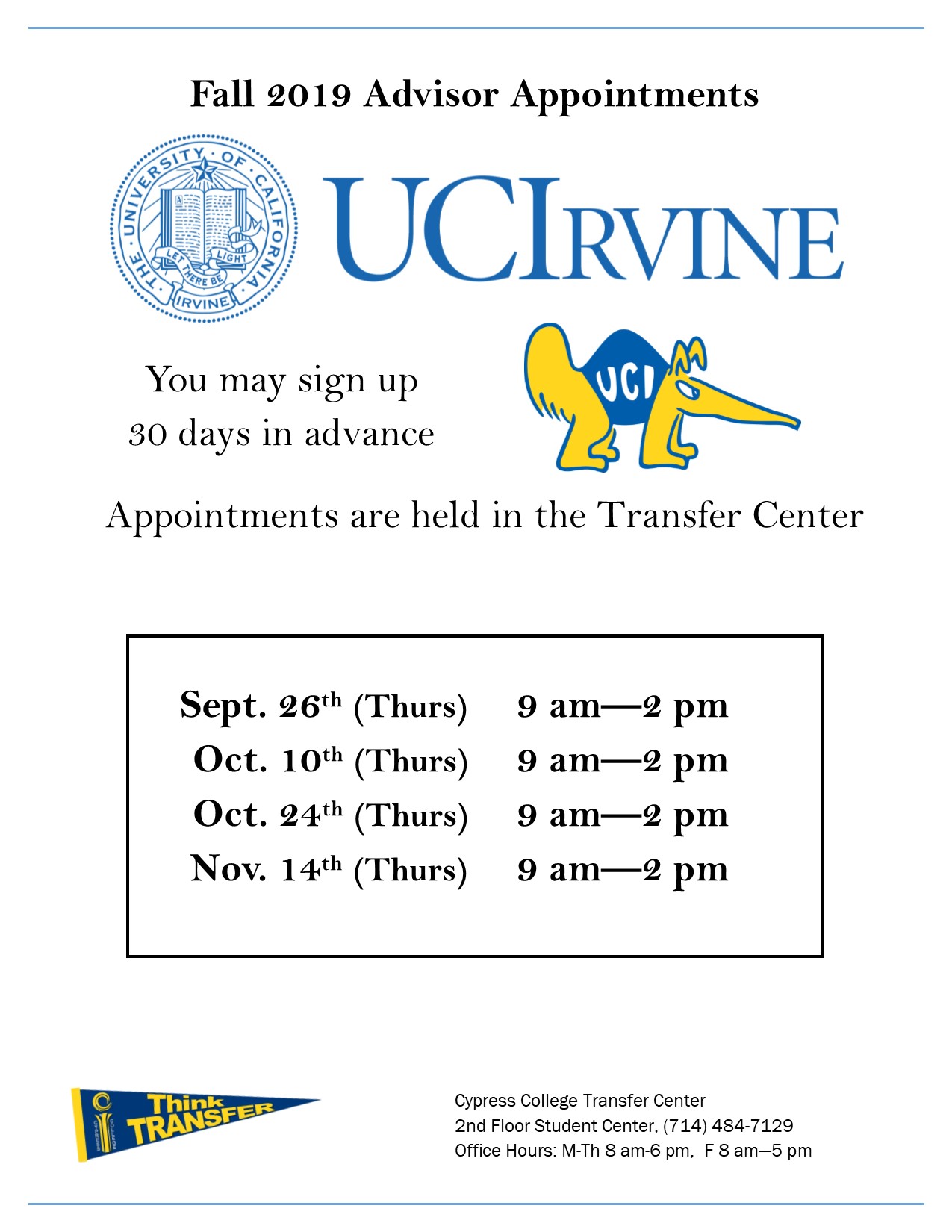 UC Irvine Fall 2019 Advisor Appointments flyer
