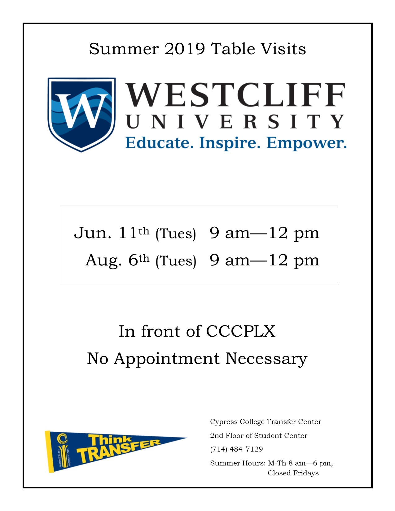 Westcliff University Table Visit flyer