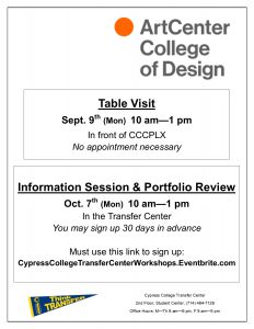 Flyer on white background, with Art Center College of Design logo and transfer center pennant