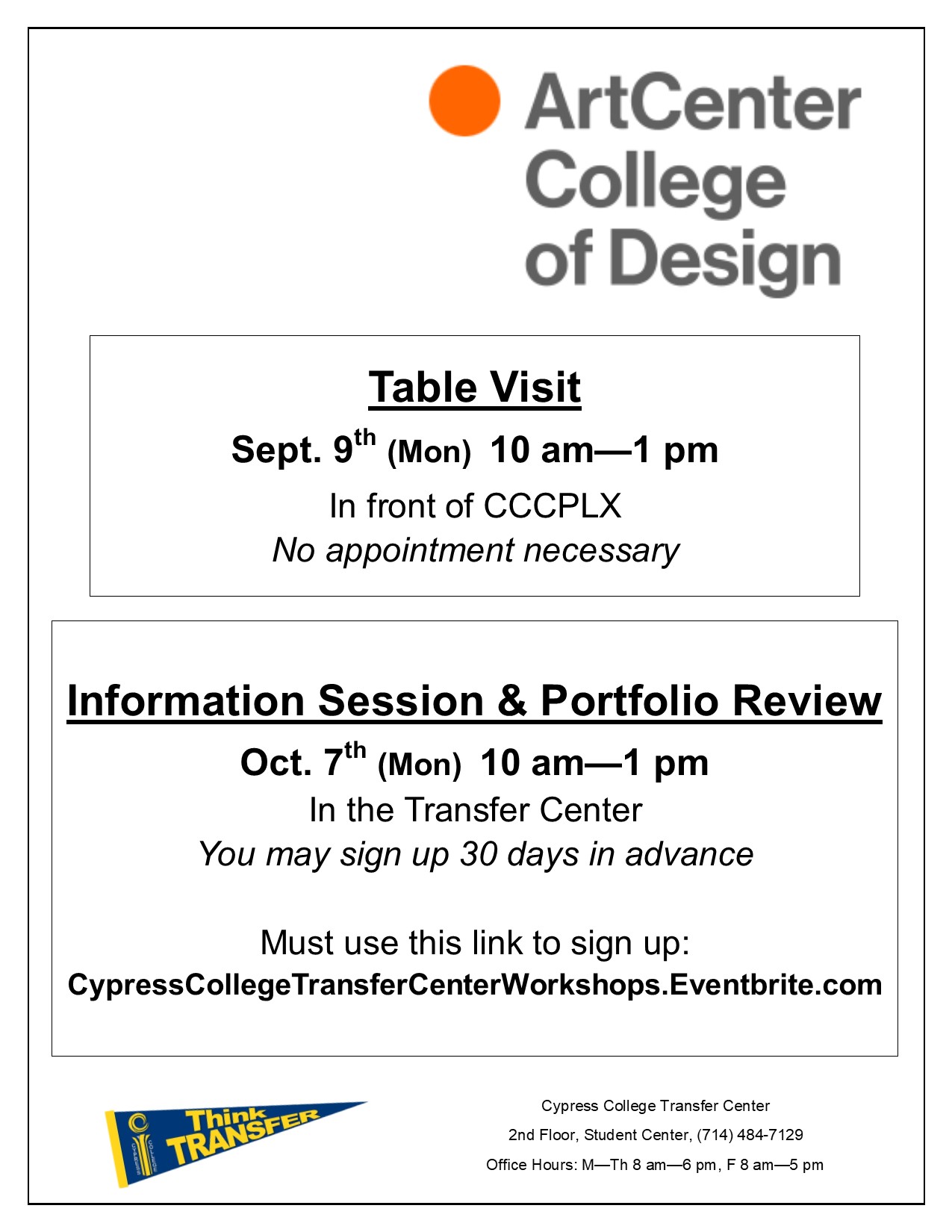 Flyer on white background, with Art Center College of Design logo and transfer center pennant