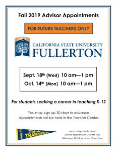 Flyer with white background, CSUF logo, and Transfer Pennant