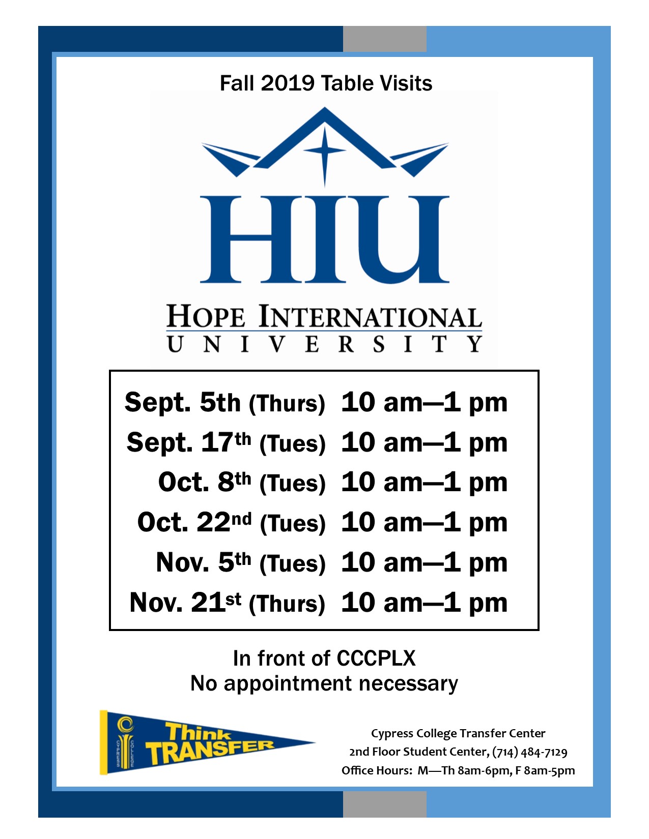 Flyer with white background, HIU logo, and Transfer Center pennant