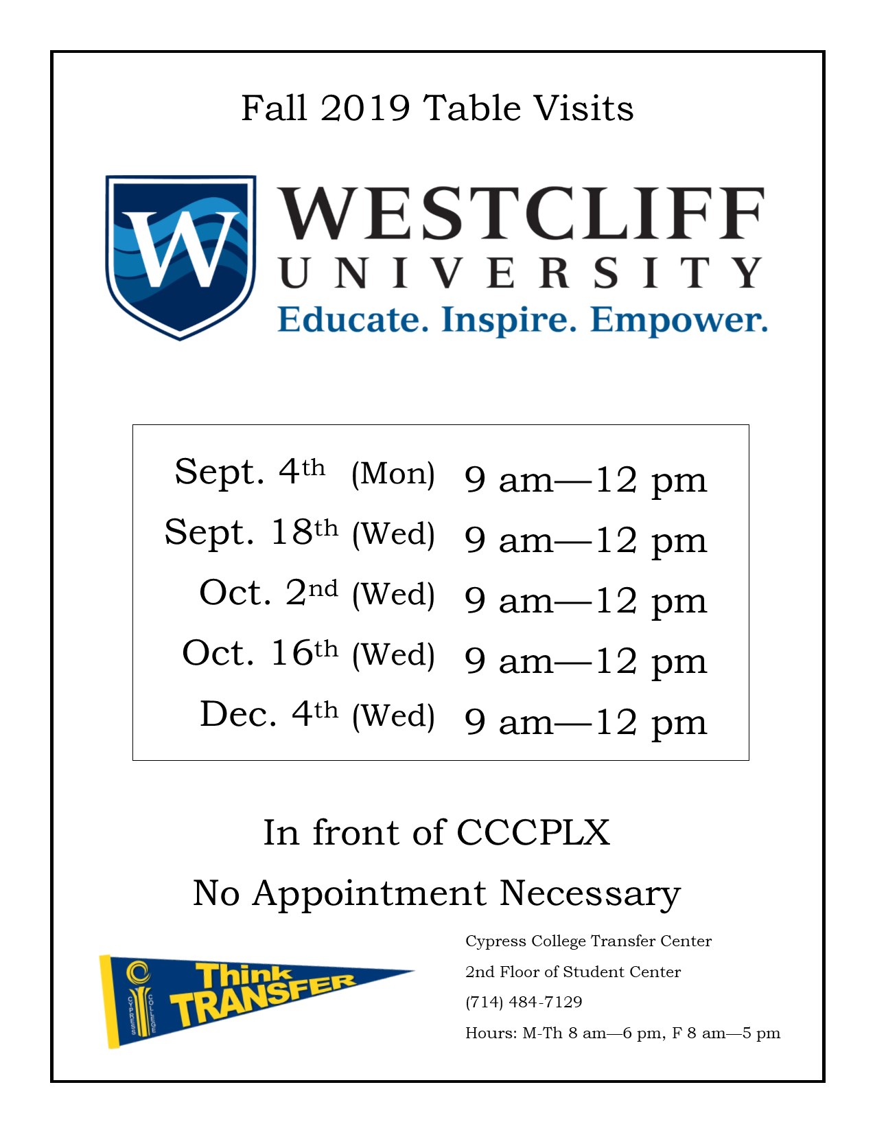 Flyer with white background and Westcliff University logo and transfer pennant