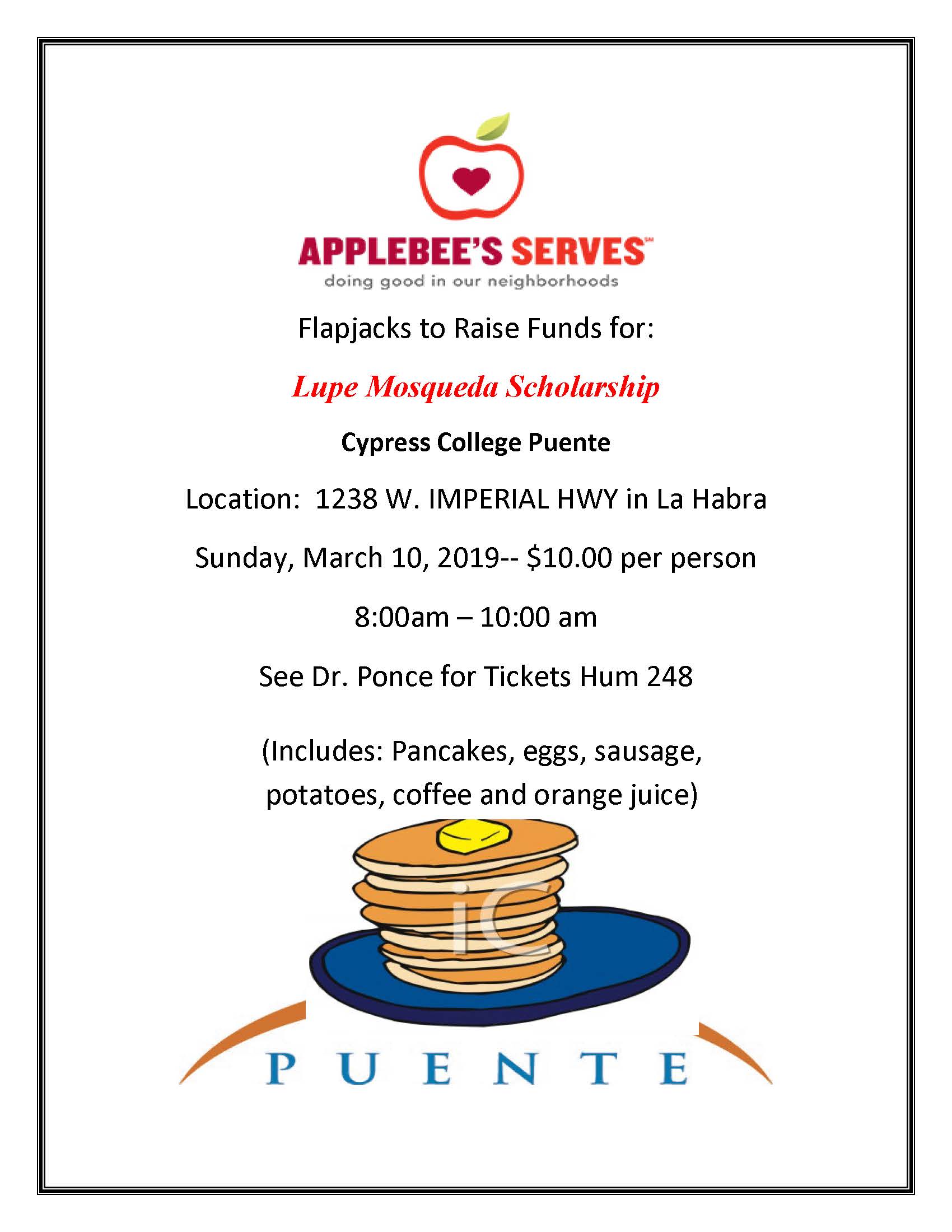 Puente pancake breakfast fundraiser flyer.