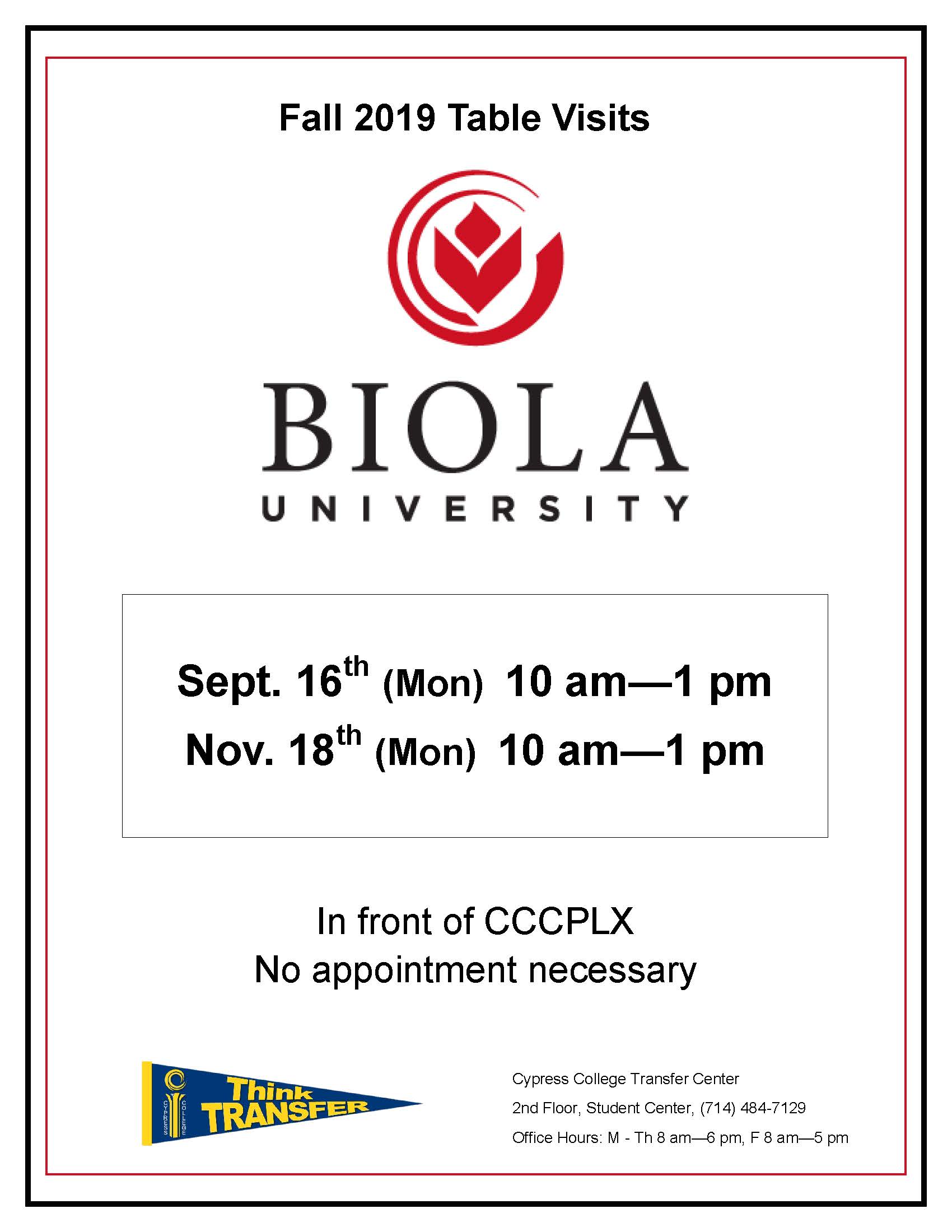 Flyer on white background with Biola University logo and transfer pennant