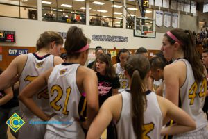 Women's basketball team huddled while their coach gives direction.