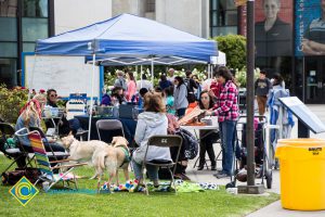 People gather at an outdoor stress-relieving event.