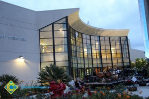 The Student Center lit up with the stage and band.