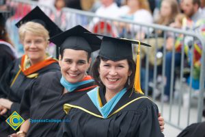 Lynn Mitts and other staff in cap and gown during the 48th Commencement.