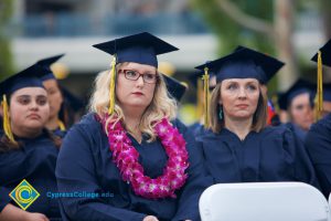 Graduates in their cap and gown at commencement.