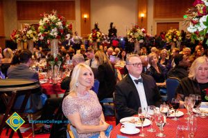 Audience seated at dinner tables listening to presentations.