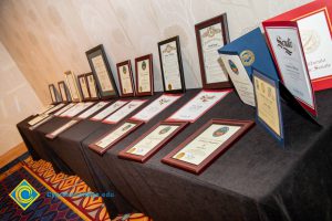 Table display with awards.