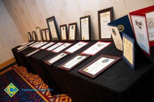 Table display with awards.