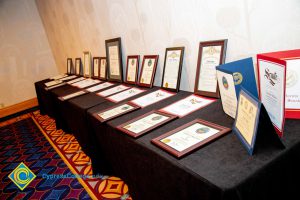 Table display with awards.