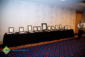 Table display with awards.