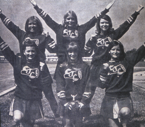Black and white photo of Cypress College cheer squad in the 1970s.