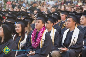 Graduates sit at commencement