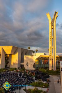 Commencement audience and campanile at sunset