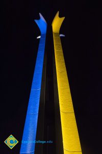 Campanile lit with blue and gold lights