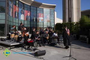 A band plays at commencement