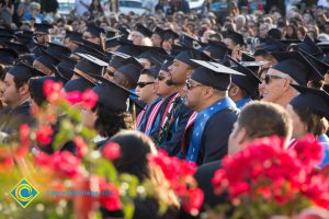 Graduates in regalia and Veterans Resource Center sashes sit in the audience at commencement