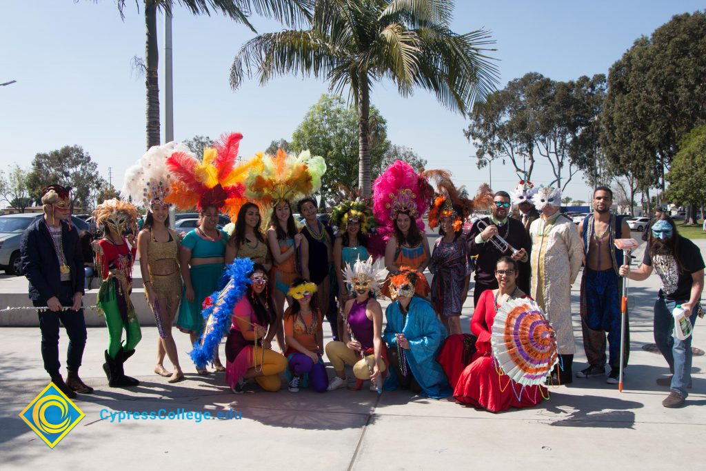 Students and staff at the Mardi Gras parade.