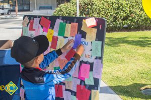 Little boy in a baseball cap and blue shirt putting a paper onto a display board.