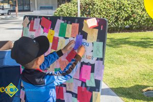 Little boy in a baseball cap and blue shirt putting a paper onto a display board.