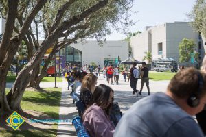 Students walking and sitting on campus.