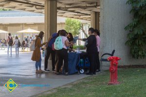 Students visiting a booth during Welcome Back week.