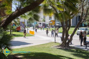 View of students walking Gateway Plaza