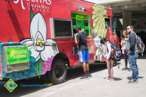 Students ordering from food trucks on campus.