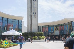 Student walking Gateway Plaza.