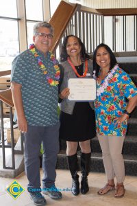 Michael Brydges, Deidre Porter, and Ruth Gutierrez at end-of-the-year luau