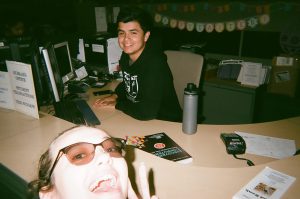 Students pose at Bursar Office. Photo taken for Disposable Camera Project.