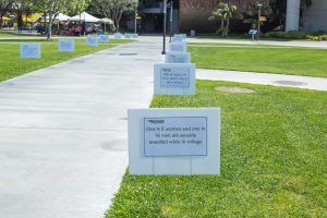 Signs on the campus lawn for Sexual Assault Awareness month.