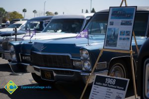 Vintage cars with original info from 1968 on display for the college's 50th anniversary.