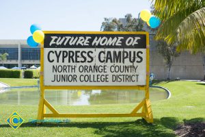 Original sign for Future Home of Cypress Campus on display at the pond area.