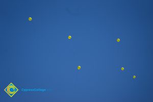Yellow balloons in the sky.