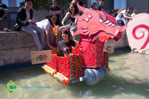 A dragon rowboat in the pond for the 50th anniversary celebration.