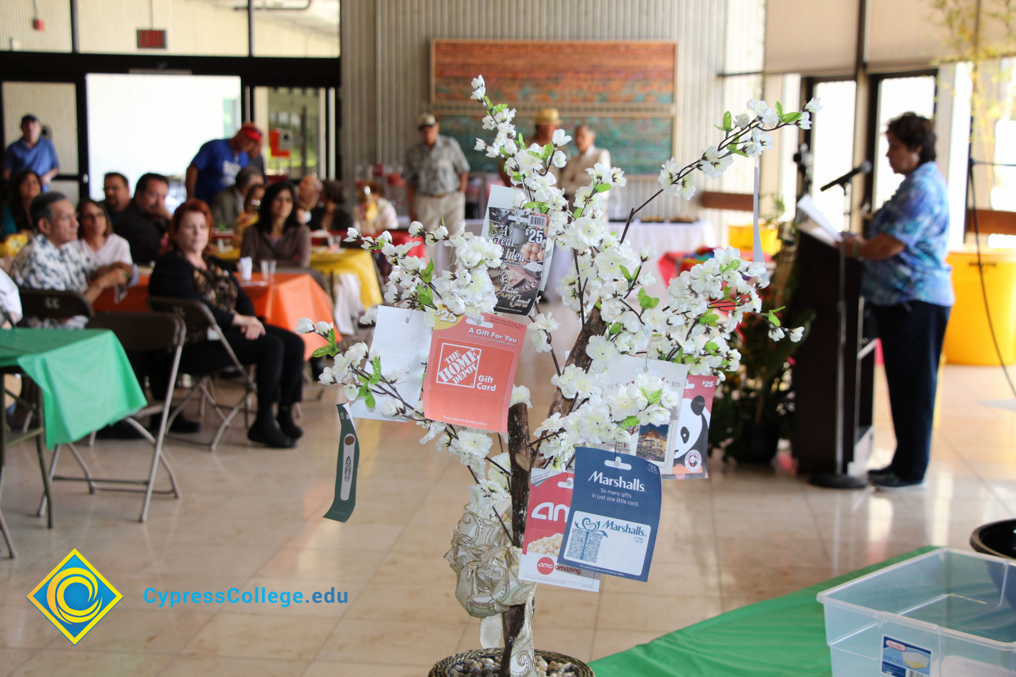 An artificial floral tree with various gift cards attached to the branches.